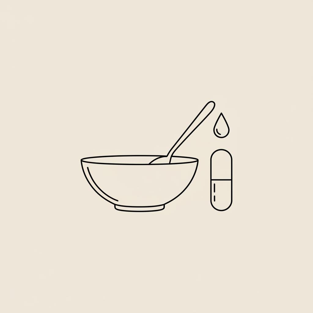 Minimal Tonum-style line illustration of a bowl, spoon, capsule and water droplet on beige background, referencing food, hydration and supplements for how to stop hunger cravings