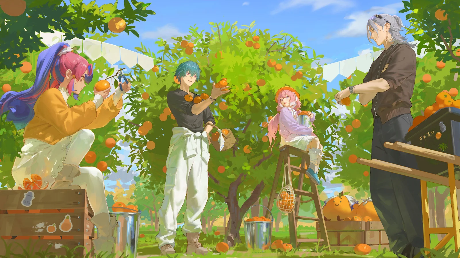 Anime Characters In Tangerine Orchard - Digital Illustration 4K Wallpaper (4096x2304)