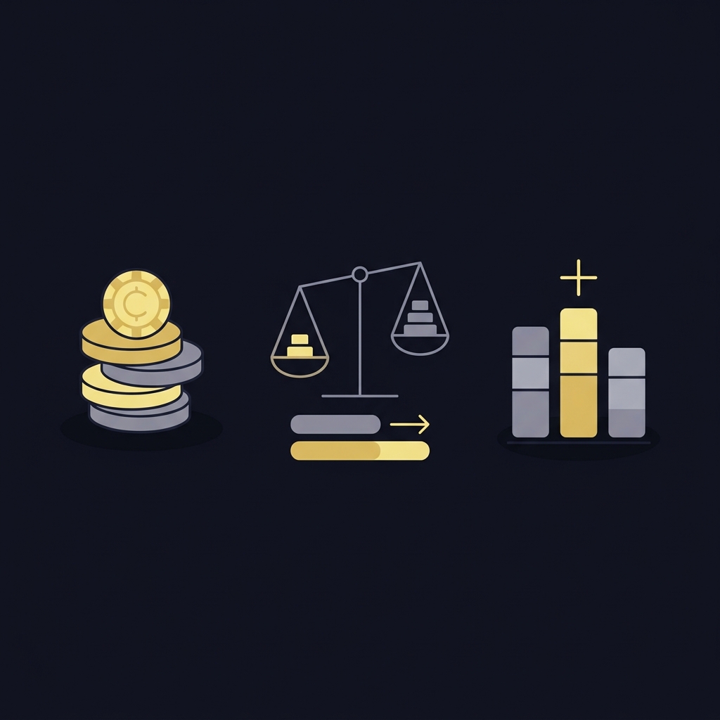 Minimal 2D vector illustration of three betting icons for moneyline spread and totals on a dark Funded Plays style background illustrating nfl football odds for this weekend