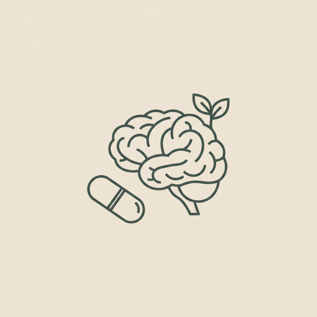 Minimalist vector line illustration of a capsule, small leaf, and stylized brain on beige background for a generic Prevagen health article