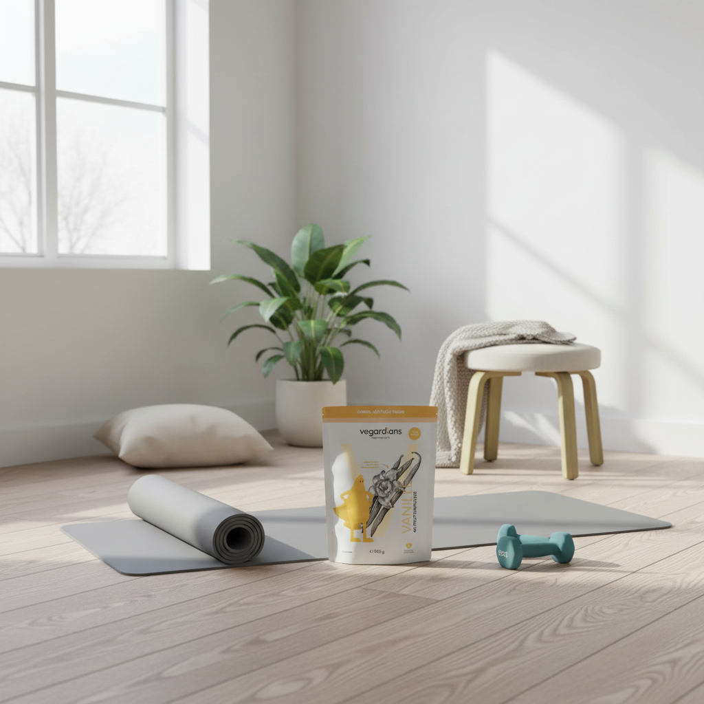 Minimalistische Heimtrainingsszene mit Yogamatte, Hanteln, Pflanzen und Vegardians-Produkt neben großem Fenster im Winterlicht – täglicher ernährungsplan