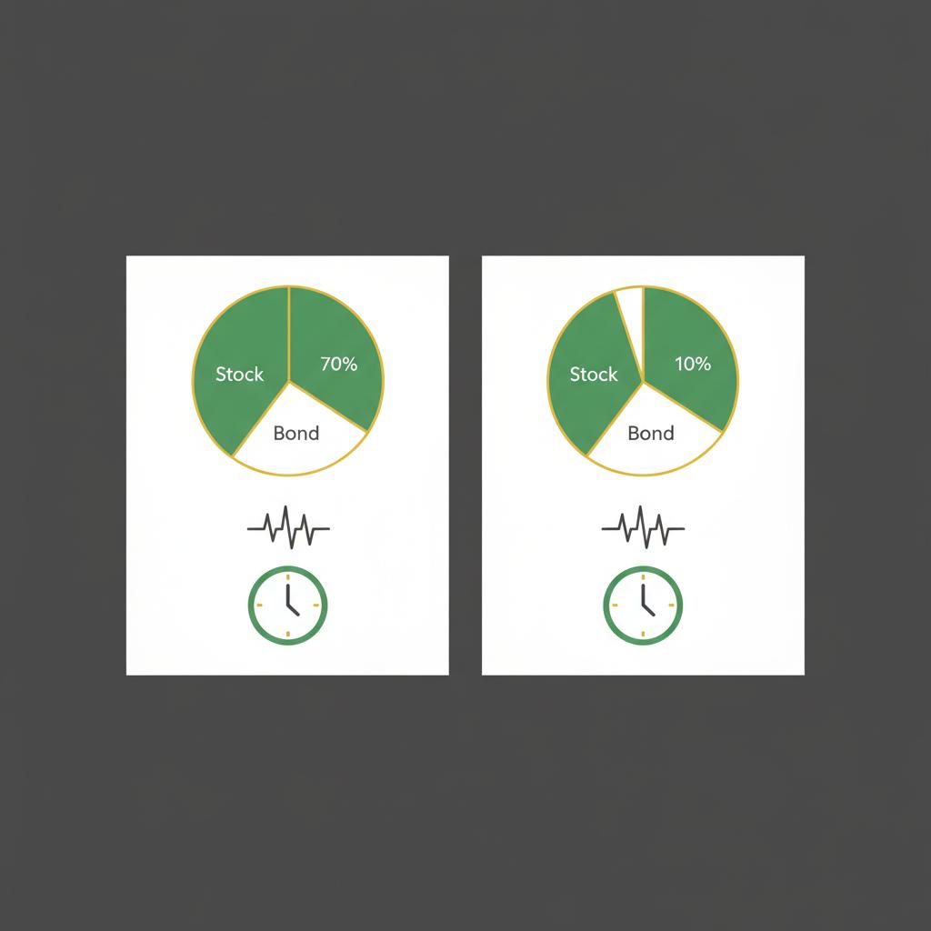 Minimal 2D vector side by side comparison of 70 30 and 90 10 portfolios with pie charts risk icons and time horizon icons how to start buying stocks