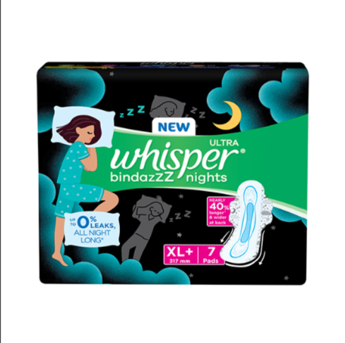 Whisper Bindazzz Nights Sanitary Pads For Women, Xl+ 7 Napkins 1's