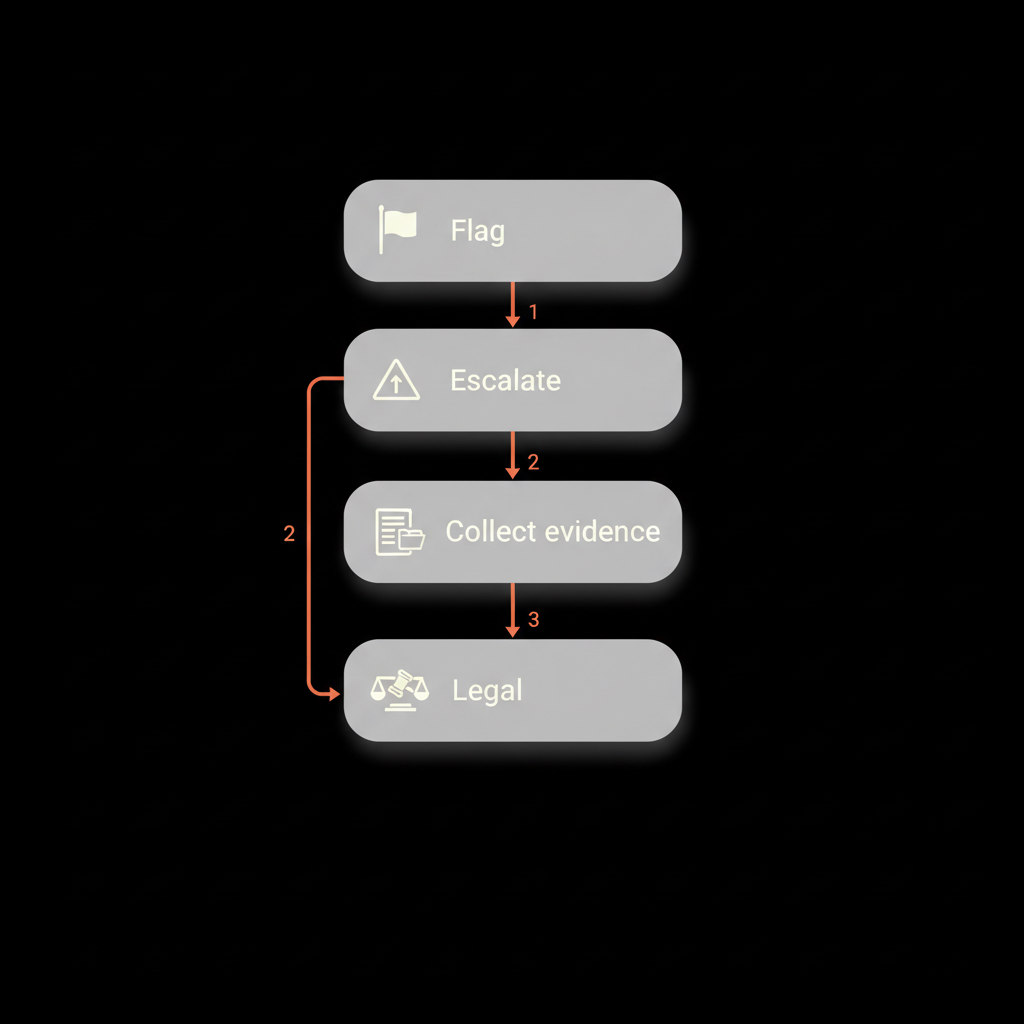 Minimal flowchart infographic showing steps to delete Google reviews: flag, escalate, collect evidence, legal on black background with grey boxes, off-white text and orange-red accent arrows.