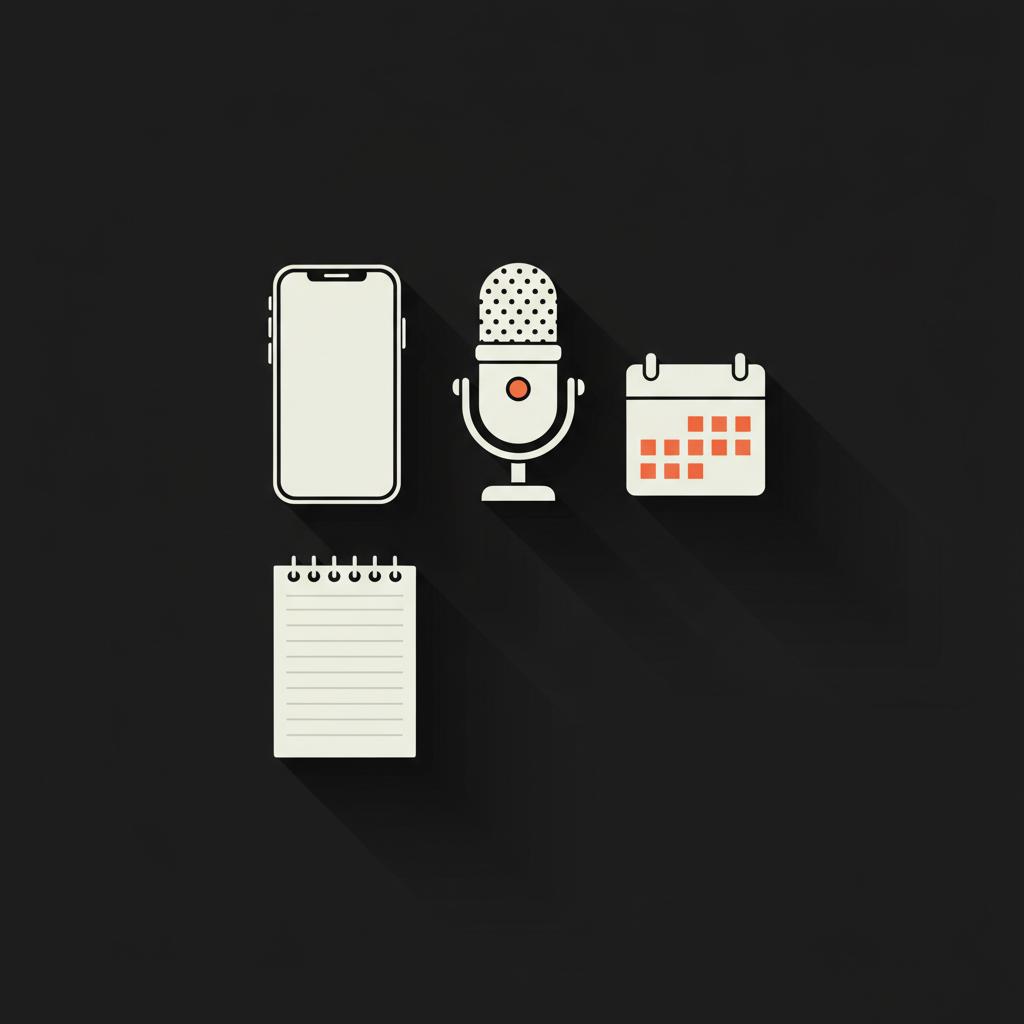 Flat-lay vector infographic of phone, notepad, microphone and calendar on black background using brand colors — Can I get money with 500 subscribers on YouTube?