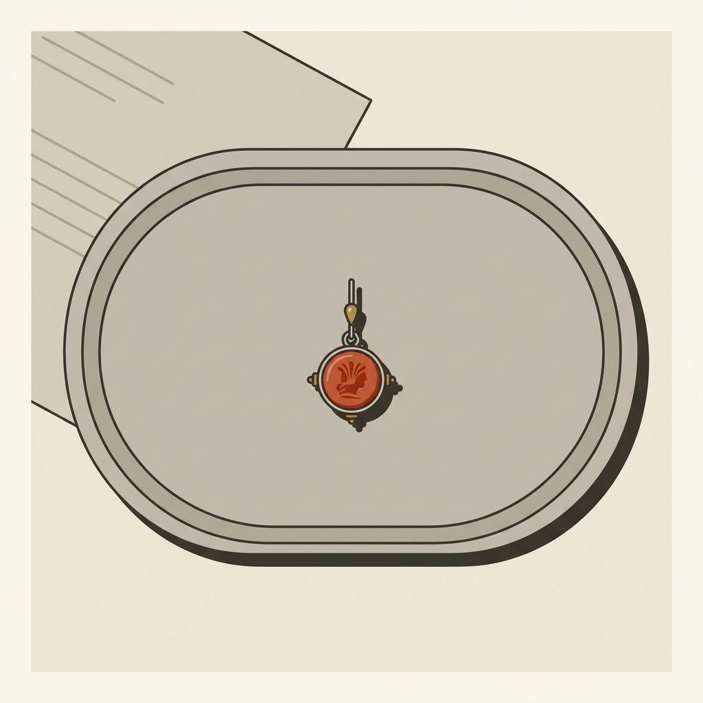 Minimalist 2D vector of a suspension drop ancient roman earrings with carnelian intaglio on a display tray and a partial conservation report sheet