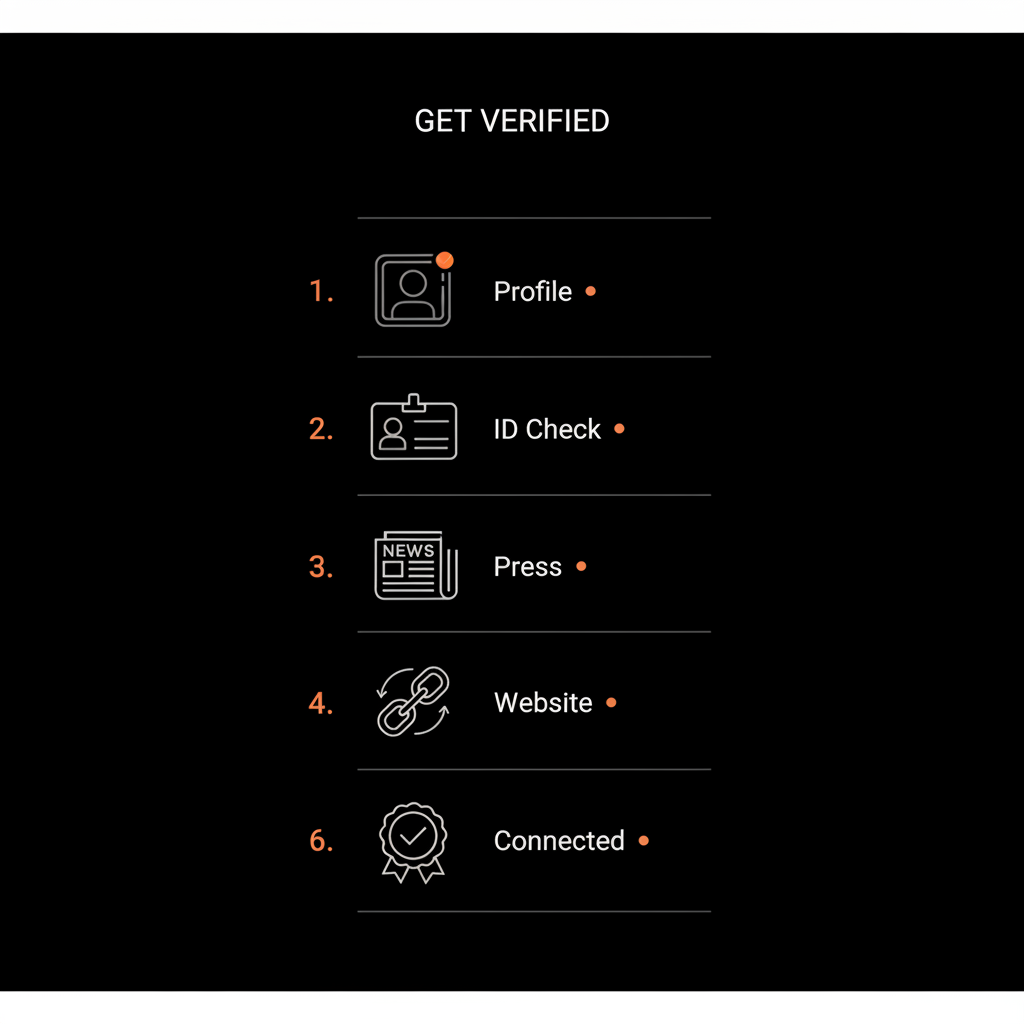 Minimal vertical infographic 6-step checklist to get your Instagram verified with profile, ID, press, link, badge and handshake icons in brand colors