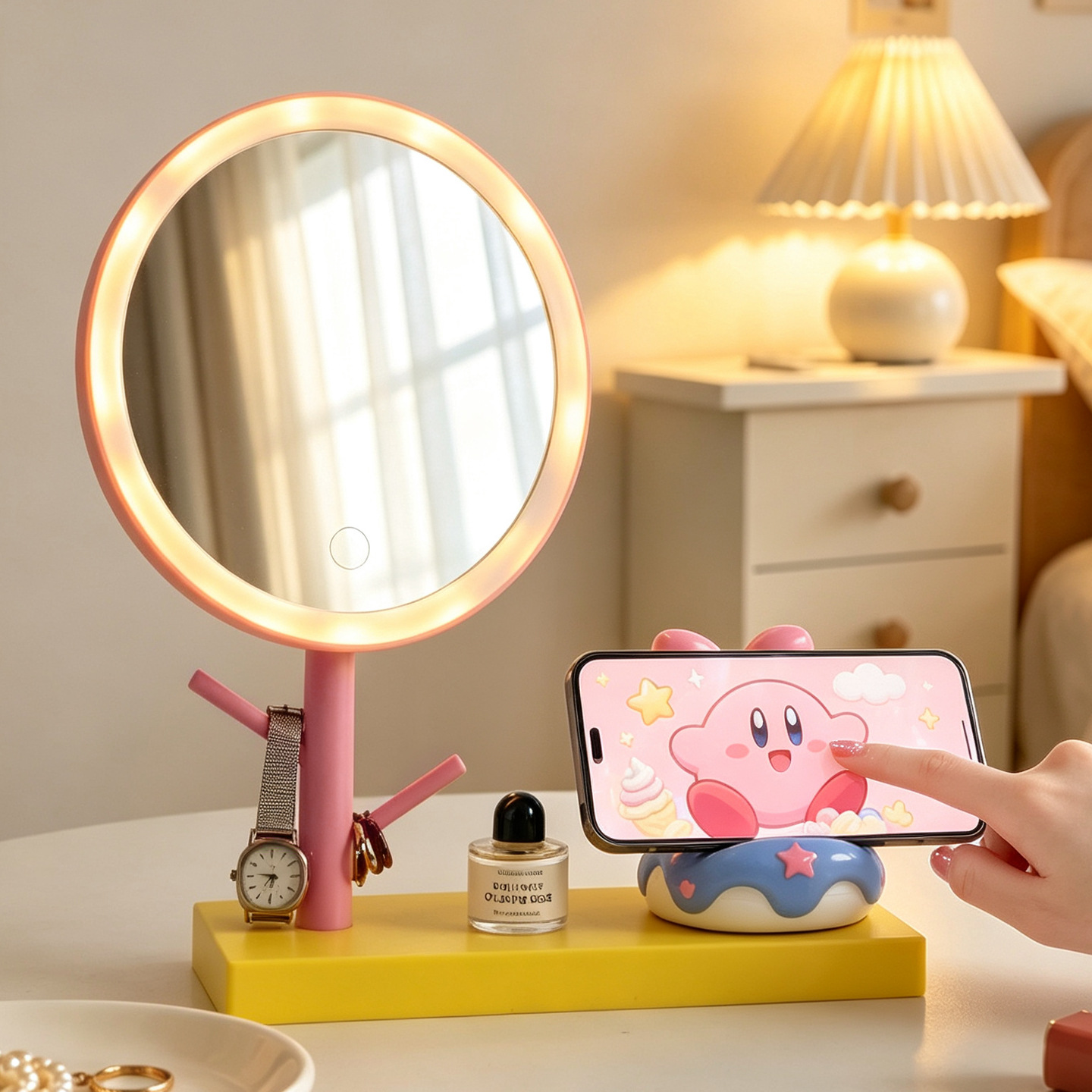 Makeup mirror with LED and phone holder