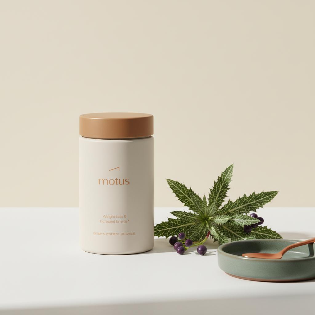 Tonum Motus supplement bottle beside milk thistle leaves and small berries on a clean white surface in a minimalist studio shot, highlighting the safest fat burner and natural ingredients.