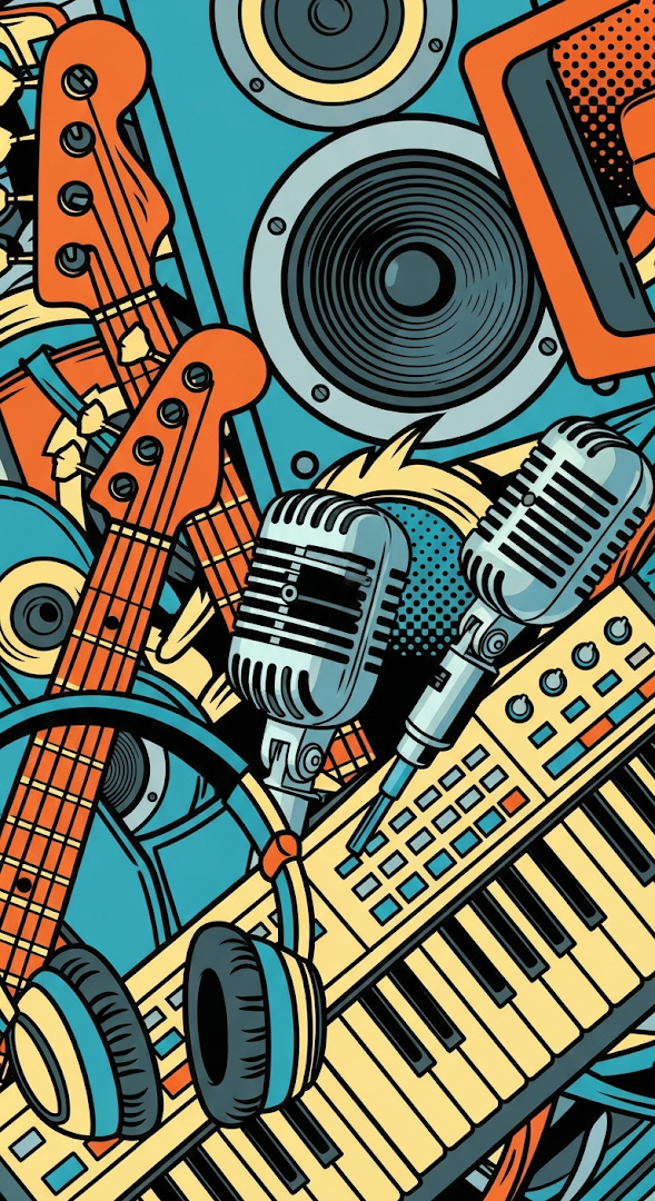 Vibrant Pop Art Vector Illustration of Jumbled Music Instruments