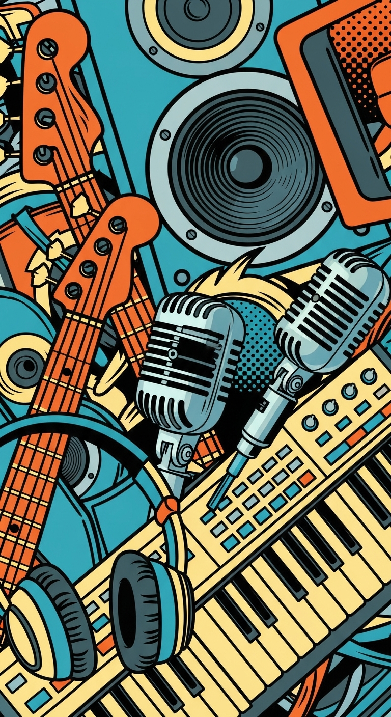 Vibrant Pop Art Vector Illustration of Jumbled Music Instruments - Free 4K mobile Wallpaper