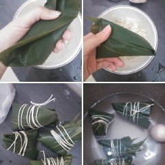 Gấp lá lại, dùng dây buộc bánh cho kín. Đặt bánh vào nồi cơm điện, đổ nước ngập bánh, luộc trong khoảng 40 phút là được.
