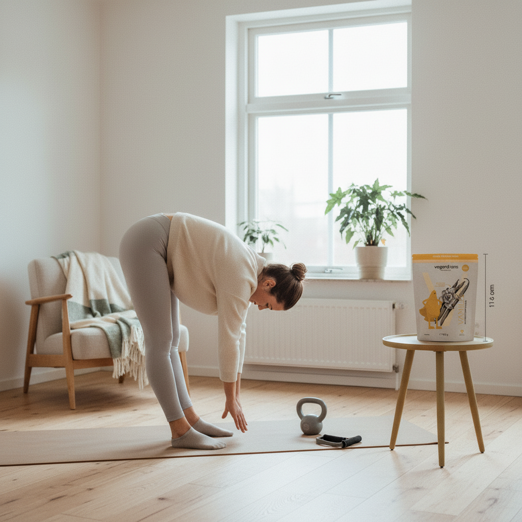 Minimalistische Home-Workout-Szene mit Yogamatte, Person in gemütlicher Sportkleidung und veganes Protein-Produkt dezent auf Beistelltisch im skandinavischen Stil