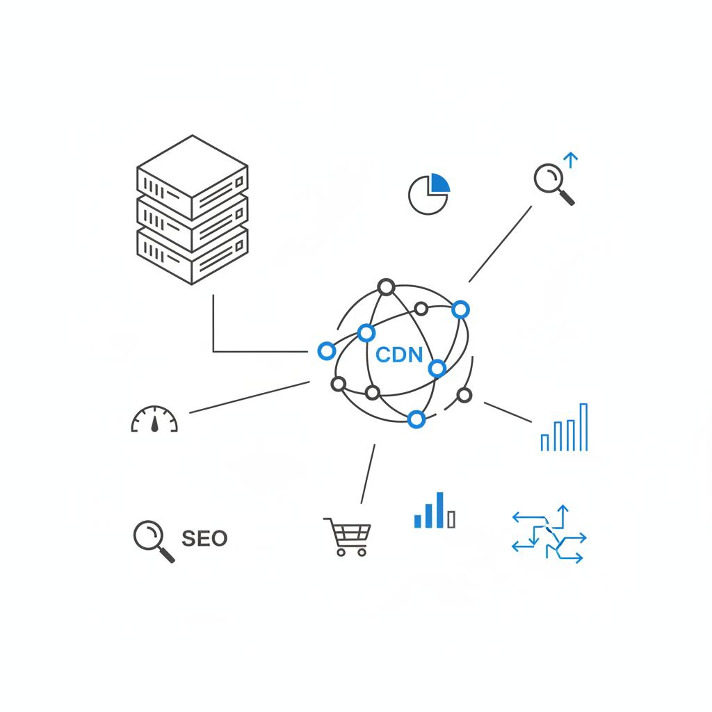 Vector sketch of a server rack and CDN map with connecting icons for speed, SEO and commerce on a white background &mdash; best website builder 2025