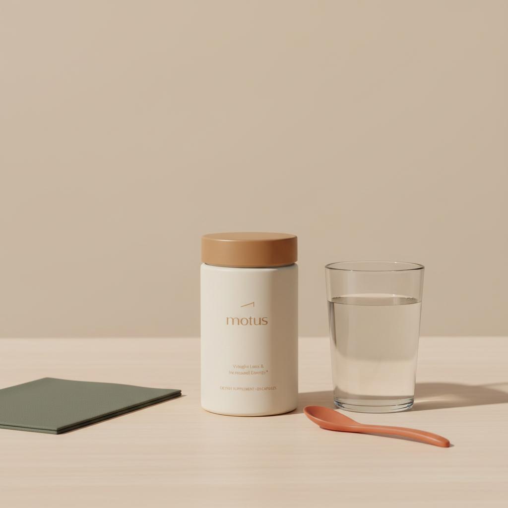 Motus supplement bottle on wooden table with glass of water and folded napkin against beige background #F2E5D5, minimalist health still life showing best time to take garcinia