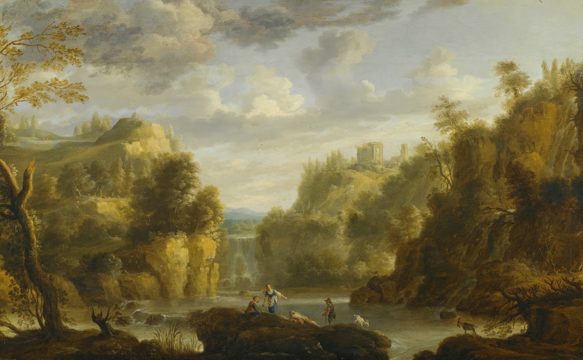Mountain Landscape With AWaterfall AndA Capriccio View Of The Forums And Temple