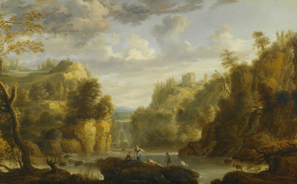 Mountain Landscape With AWaterfall AndA Capriccio View Of The Forums And Temple