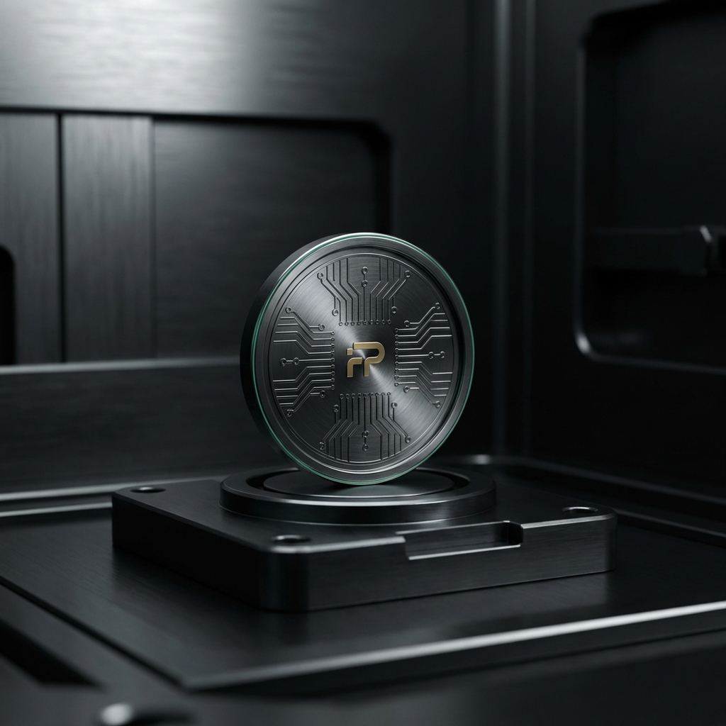Close up hardware style vault interior with a single stylized crypto token centered on a matte black background minimalist high contrast studio lighting subtle green and gold accents alto crypto ira