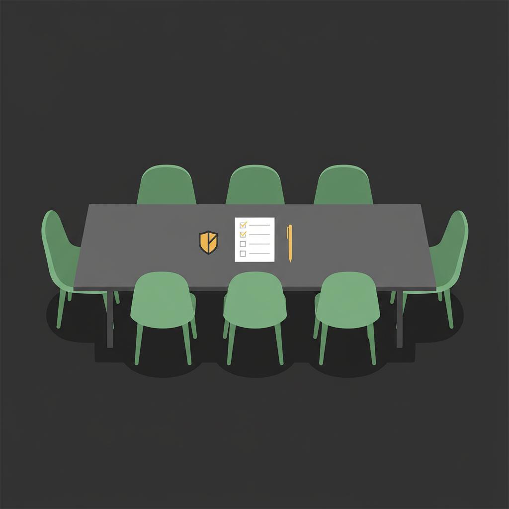 Minimal 2D vector boardroom with empty chairs and a notepad showing three blank checkbox symbols representing ripple shares price in a Finance Police color scheme