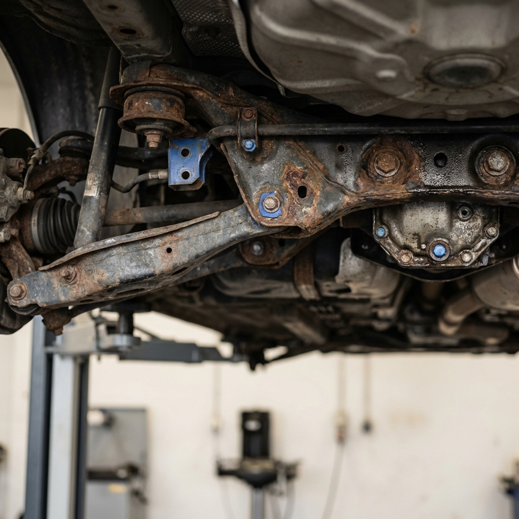 Close up of Mazda underbody on lift showing suspension mounts and visible rust spots neutral garage lighting clean composition What year Mazda to stay away from?