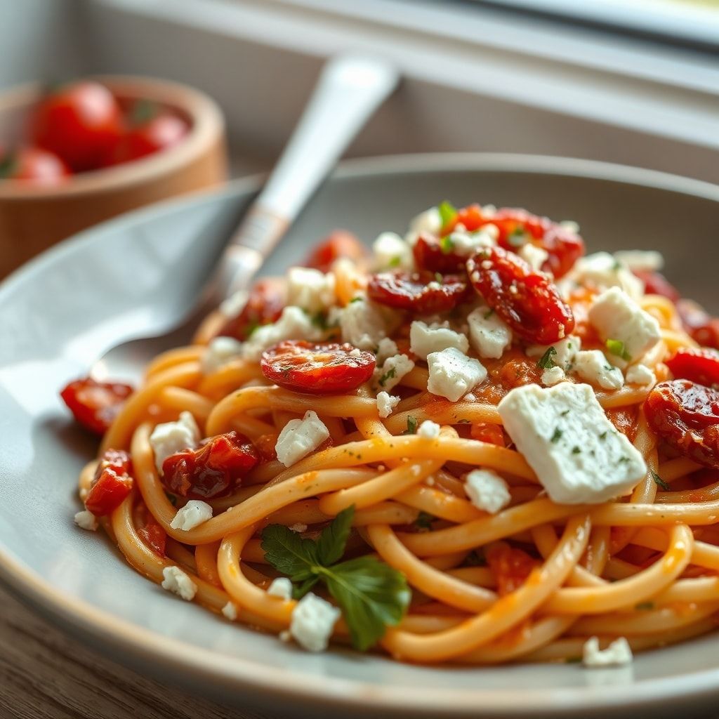 Easy Greek Chicken Pasta with Feta and Sun-Dried Tomatoes—30-Minute Weeknight Dinner finished