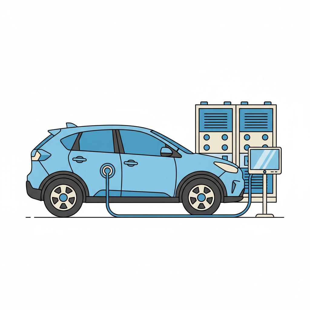 Minimal 2D vector illustration of a hybrid SUV being diagnosed with a tablet and visible battery module cabinets toyota rav 4 hybrid for sale