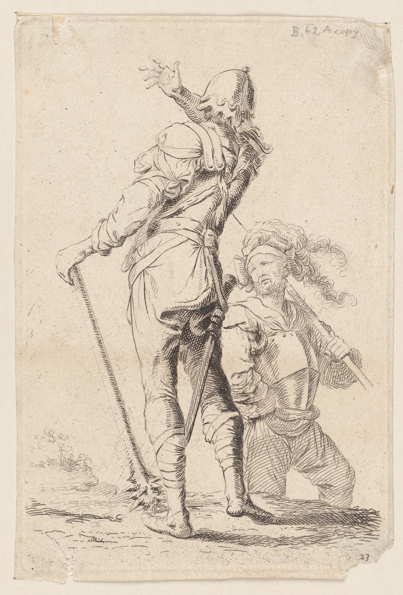 Two Soldiers One Seen From Behind Holding a Club 1656   1657