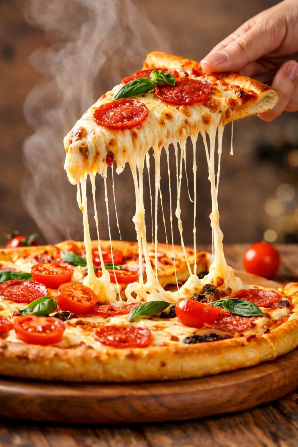 Un primer plano hiperrealista y cinematográfico de una porción de pizza de pepperoni recién horneada siendo levantada de la pizza, con...