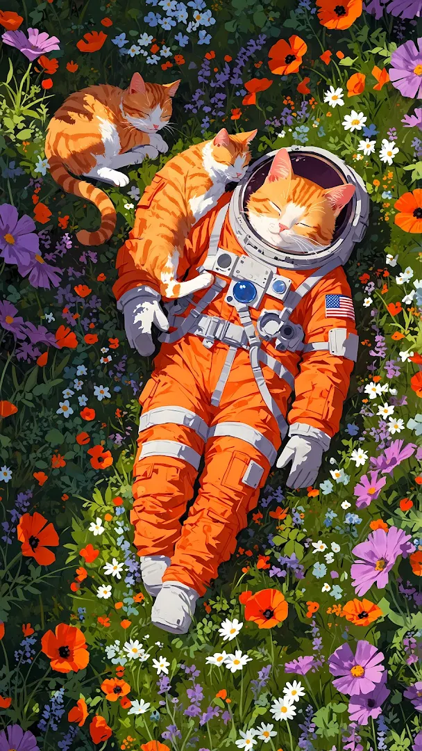 Astronaut Cat Sleeping in a Field of Wildflowers