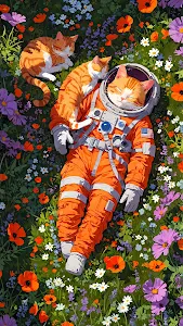 Astronaut Cat Sleeping in a Field of Wildflowers