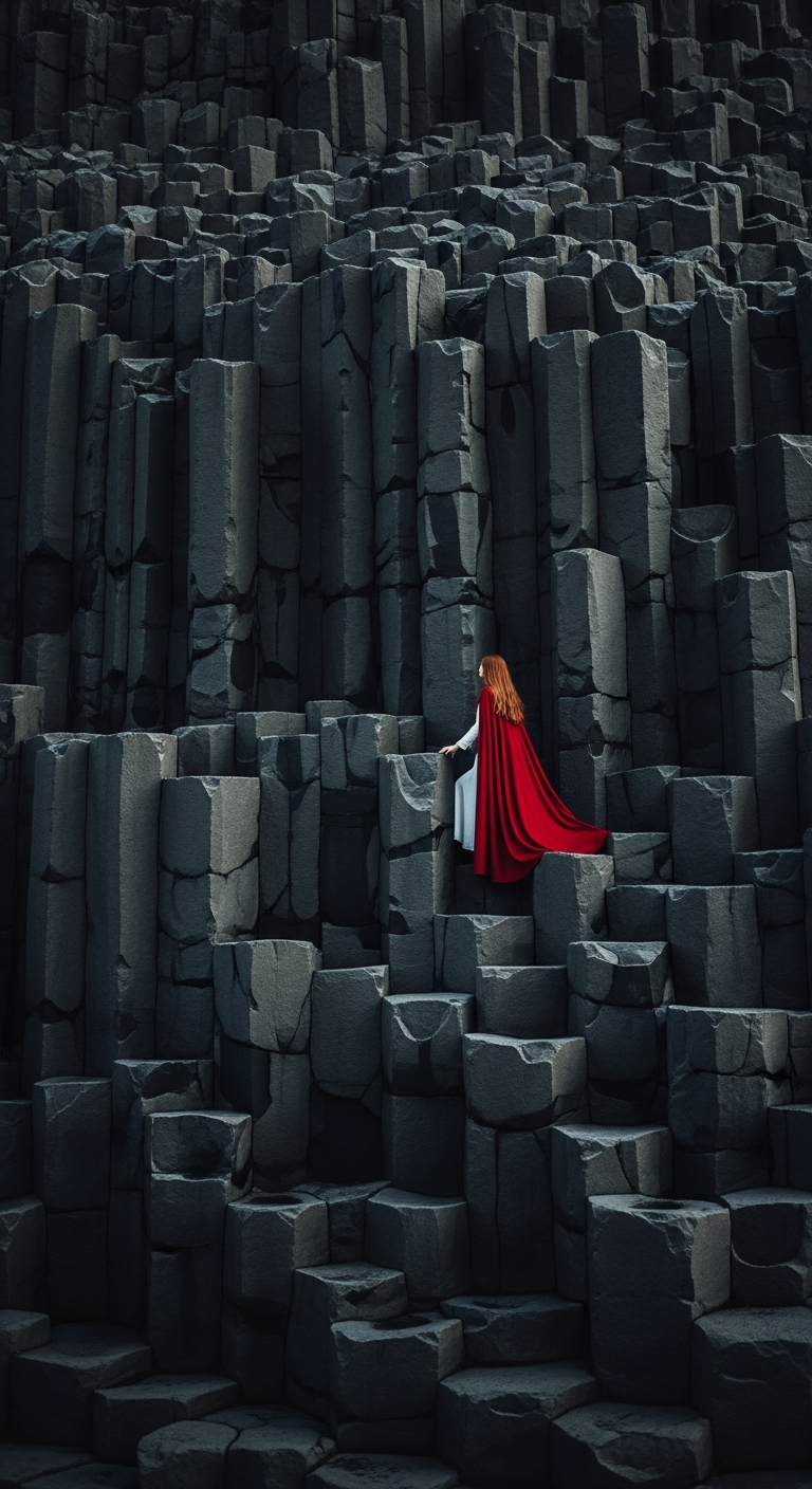 Cinematic Fantasy Photo of a Woman in a Red Cloak Climbing a Giant Wall of Dark Basalt Columns - Free 4K mobile Wallpaper