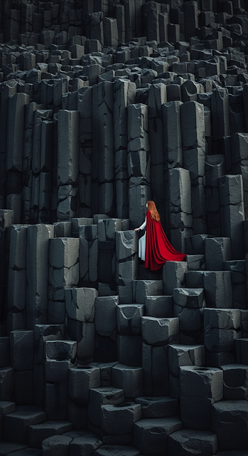 Cinematic Fantasy Photo of a Woman in a Red Cloak Climbing a Giant Wall of Dark Basalt Columns - Free mobile Wallpaper