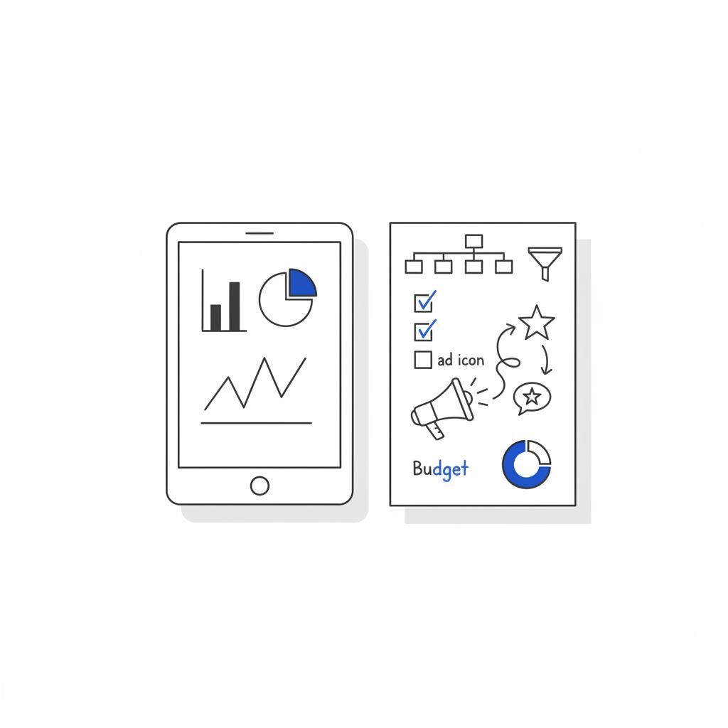 Minimal 2D vector workspace showing tablet analytics and a paper checklist with arrows linking ad icon to review icons for local service ads