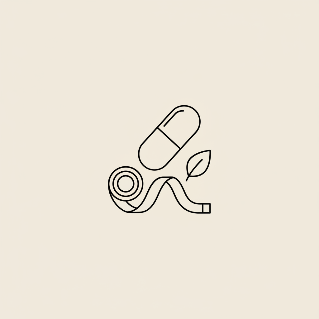 Minimalist line illustration of a capsule beside a measuring tape outline and small leaf on beige background, symbolizing the strongest metabolism booster
