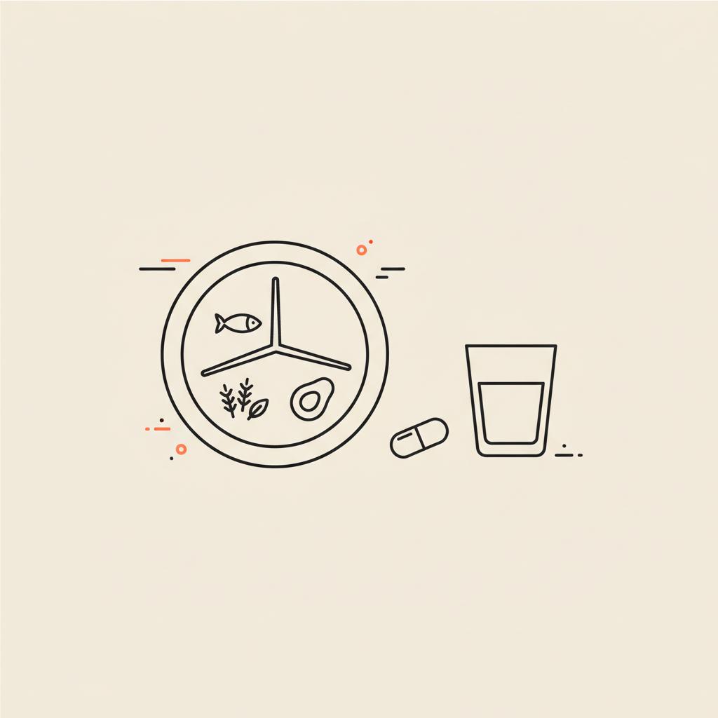 Minimal Tonum-style line illustration of a divided plate showing protein, fiber and healthy fat beside a capsule and water glass to represent stop sugar cravings.