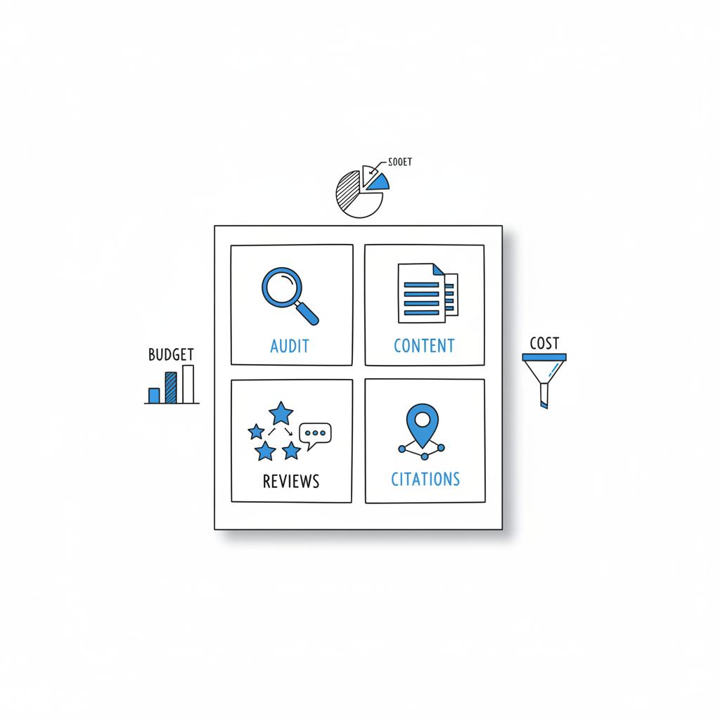 Flat-lay 2D vector planning page with four hand-drawn boxes and icons for audit, content, reviews, citations on white background, brand colors and budget icons showing how much does Google My Business optimization cost