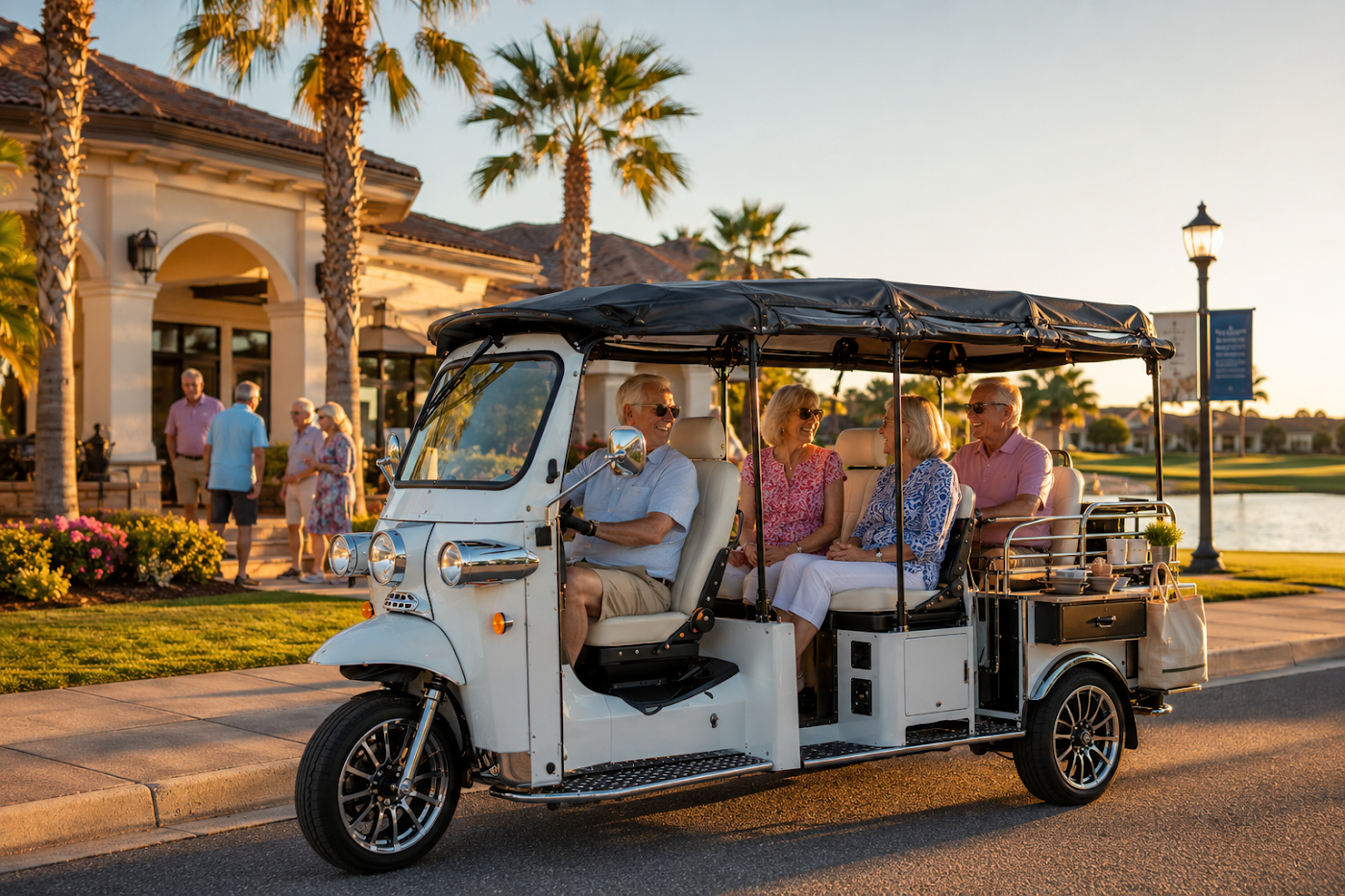 Electric passenger eTuk transporting riders through a planned community destination