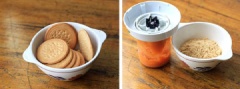 Bánh quy cho vào máy xay sinh tố, xay vụn. Xoài gọt vỏ, cắt nhỏ, cho vào máy xay sinh tố, xay nhuyễn.