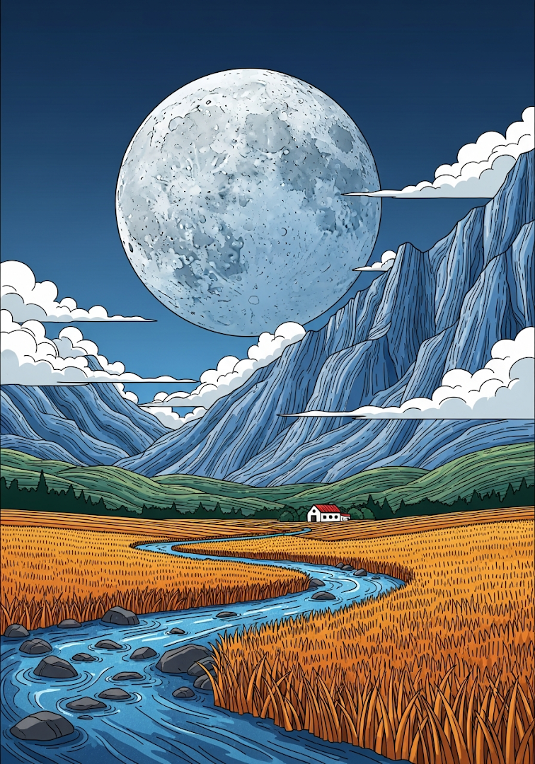 Giant Moon Mountain River Illustration