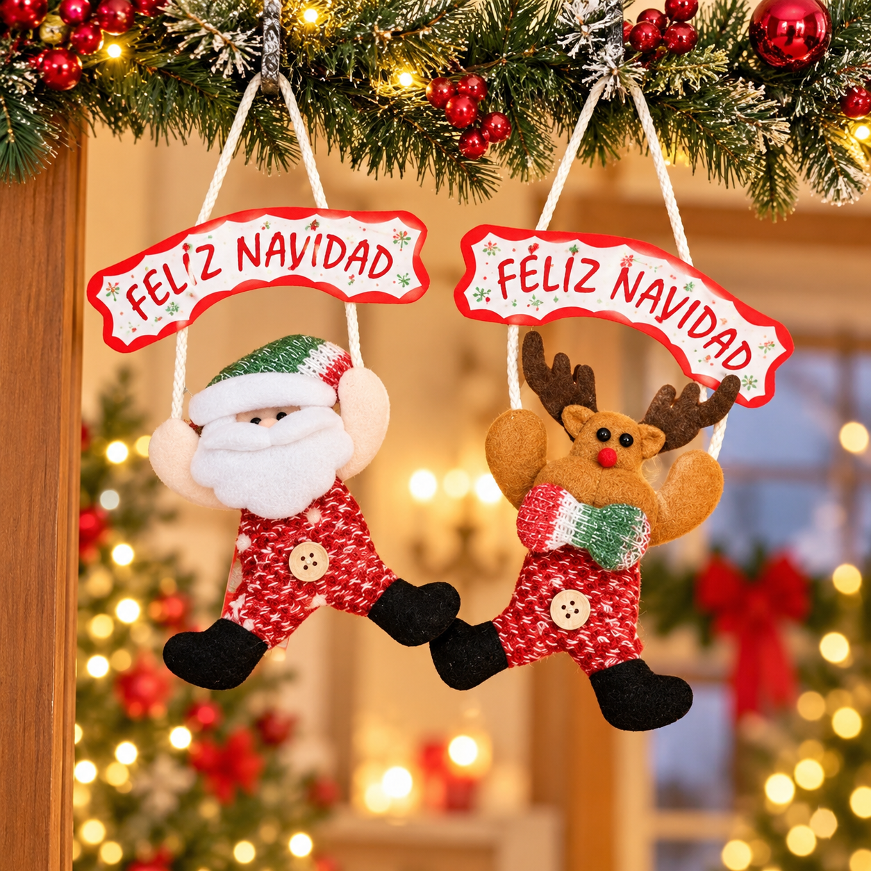 Adorno colgante Papá Noel y reno Feliz Navidad