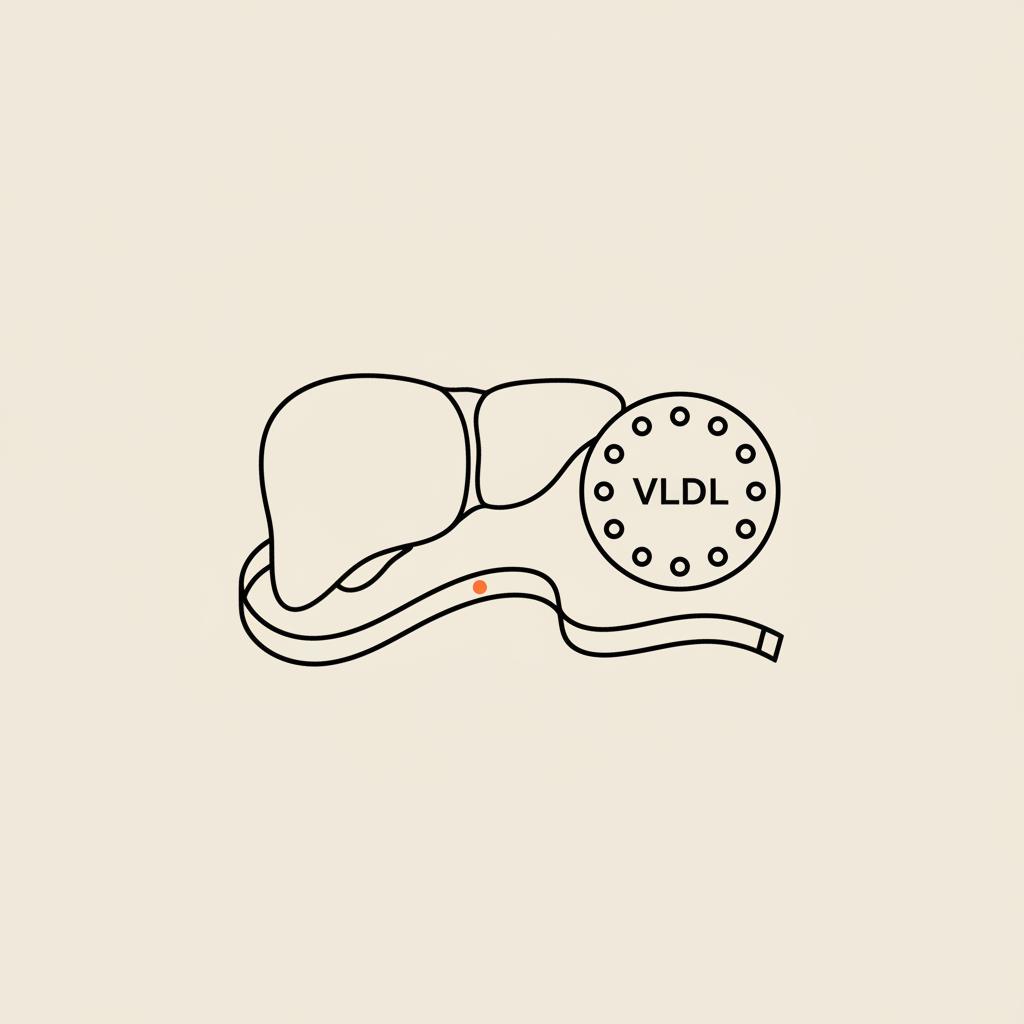 Minimal Tonum-style line illustration of an abstract liver, a VLDL particle and a measuring tape on beige background showing how does liver disease affect lipids