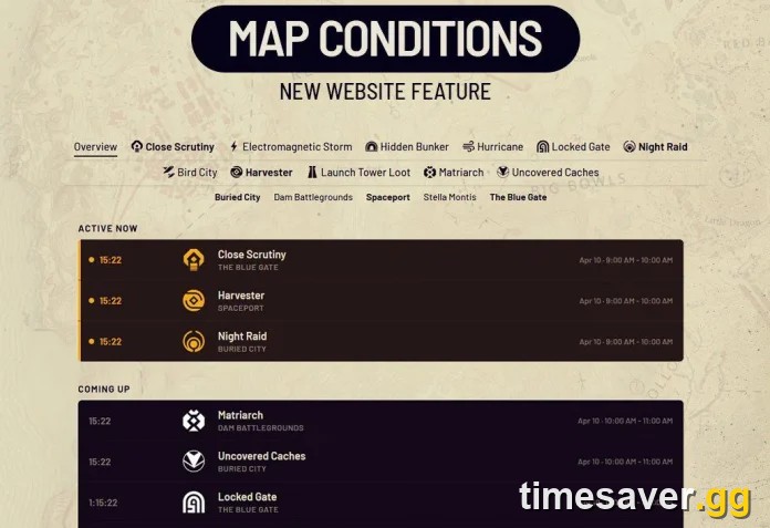 ARC Raiders official Map Conditions tracker on arcraiders.com — Active Now and Coming Up schedule showing Close Scrutiny, Harvester, Night Raid and more per map