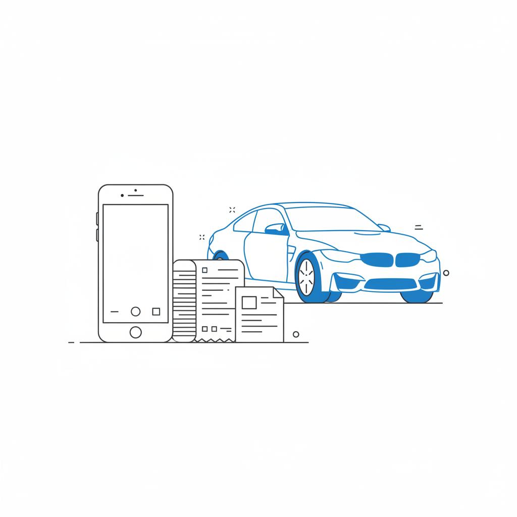 Minimalist 2D vector of a smartphone photographing service receipts next to a parked bmw m4 for sale silhouette in blue on white background