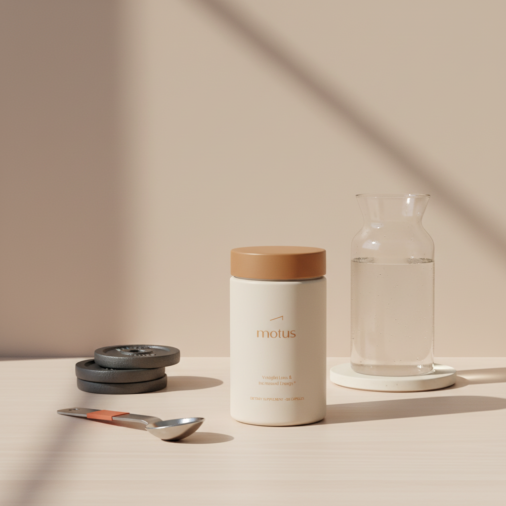 Minimalist lifestyle photo of a Tonum Motus supplement jar on a pale wooden surface with a measuring spoon, small weight stack and water carafe, illustrating creatine and fat loss