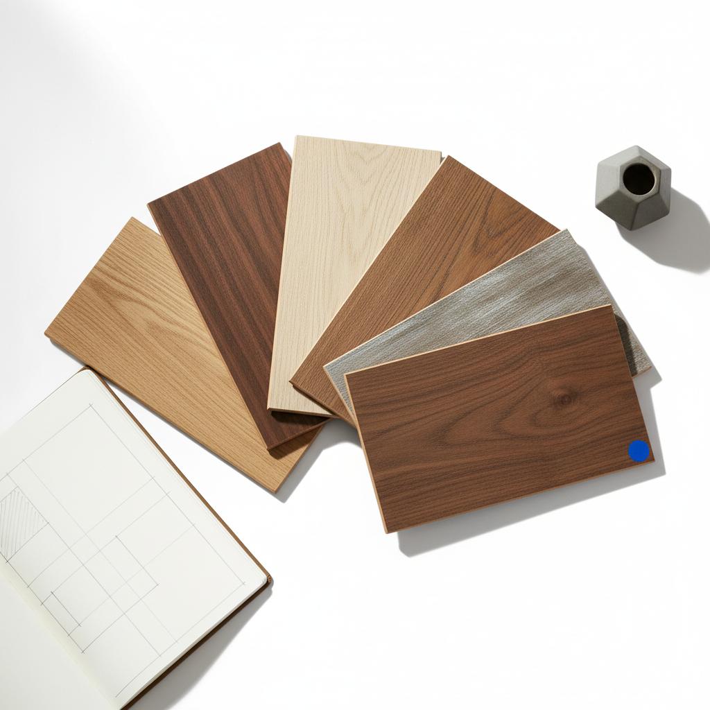 Close-up of wooden flooring samples fanned on white background with subtle blue accent tag, showcasing grain and finishes &mdash; how to get leads for flooring business