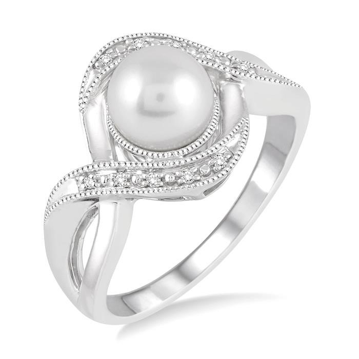 Silver Pearl & Diamond Ring