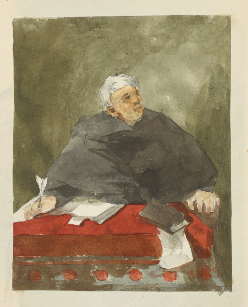 White haired man in black robe seated at a desk and holding a quill pen 1840
