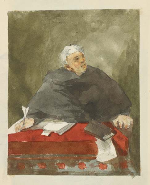 White haired man in black robe seated at a desk and holding a quill pen 1840