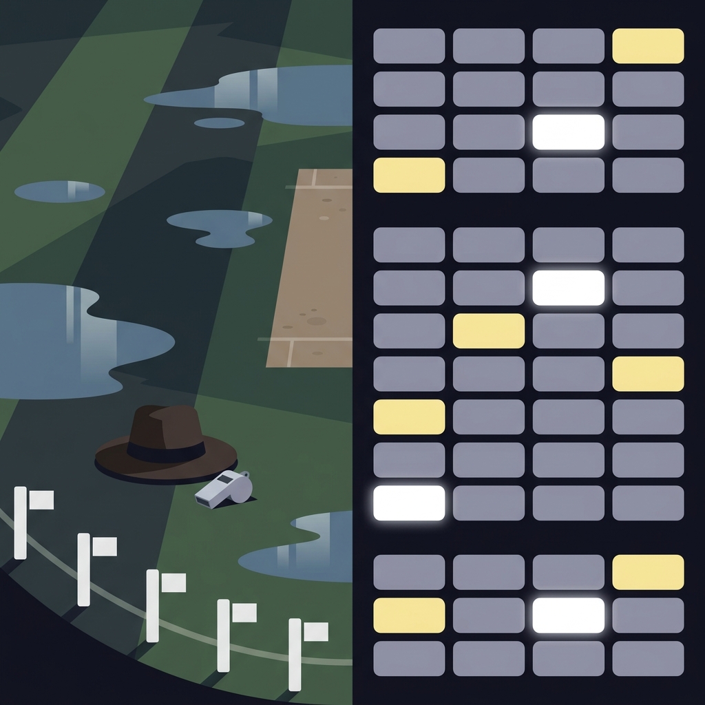 Split 2D vector showing a wet cricket outfield with flags and equipment indicating interruption on the left and a clean market feed of changing cricket odds represented by highlighted tiles on the right