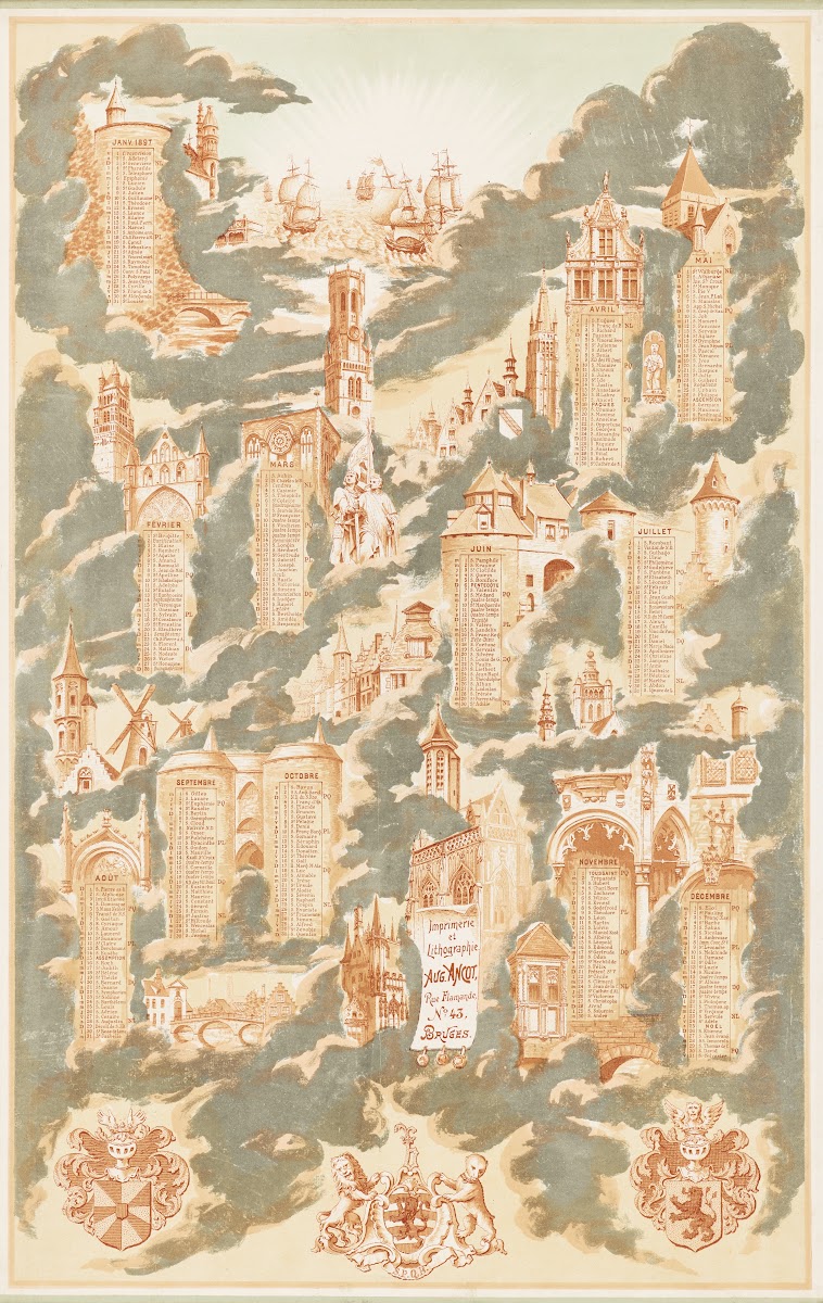 Calendar for 1897 with the Saints Days Surrounded by Landmarks from Bruges 1897
